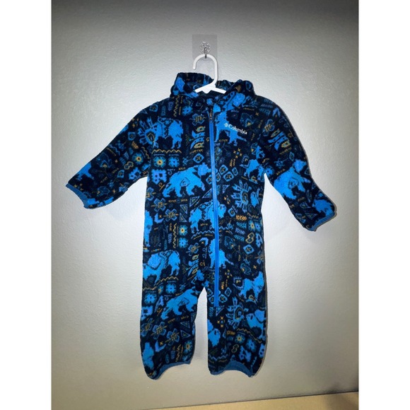 Columbia Other - Columbia Infant Fleece Bunting Blue Bear Wolf Aztec Print Hooded Romper 6-12M